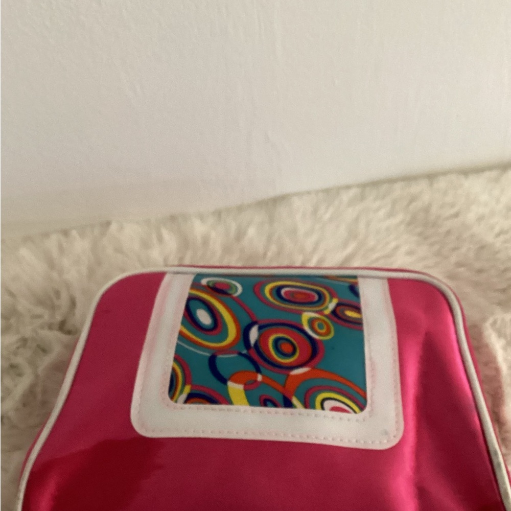 Vibrant Pink Cosmetic Bag with Glossy Abstract Design